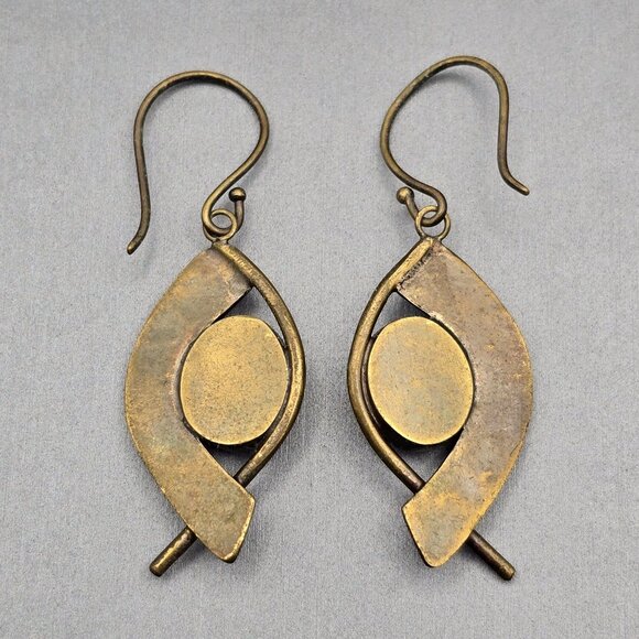 VTG Egyptian Revival Brass & Amazonite Dangle Earrings 2" Shepards Hook - Picture 4 of 8